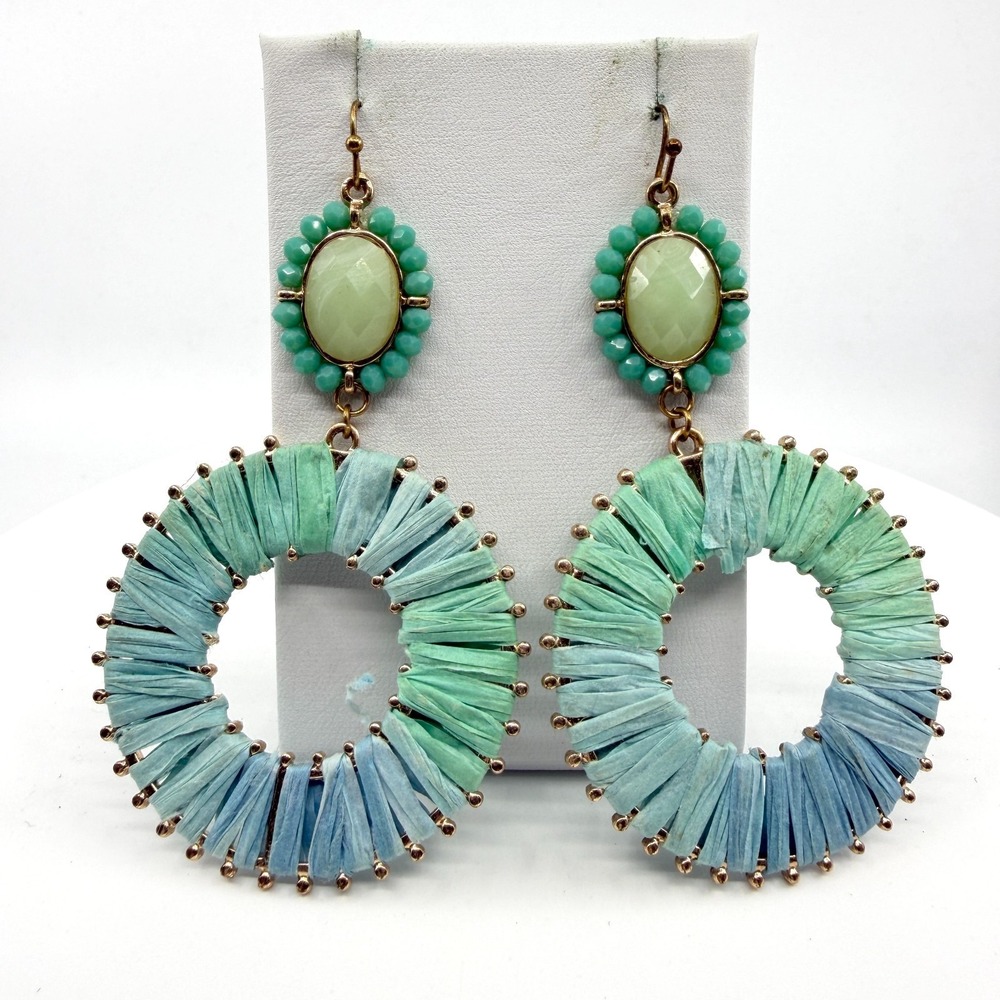 Ombre Raffia Hoop Dangle Earrings Green Blue Statement Boho Summer Festival Gift
